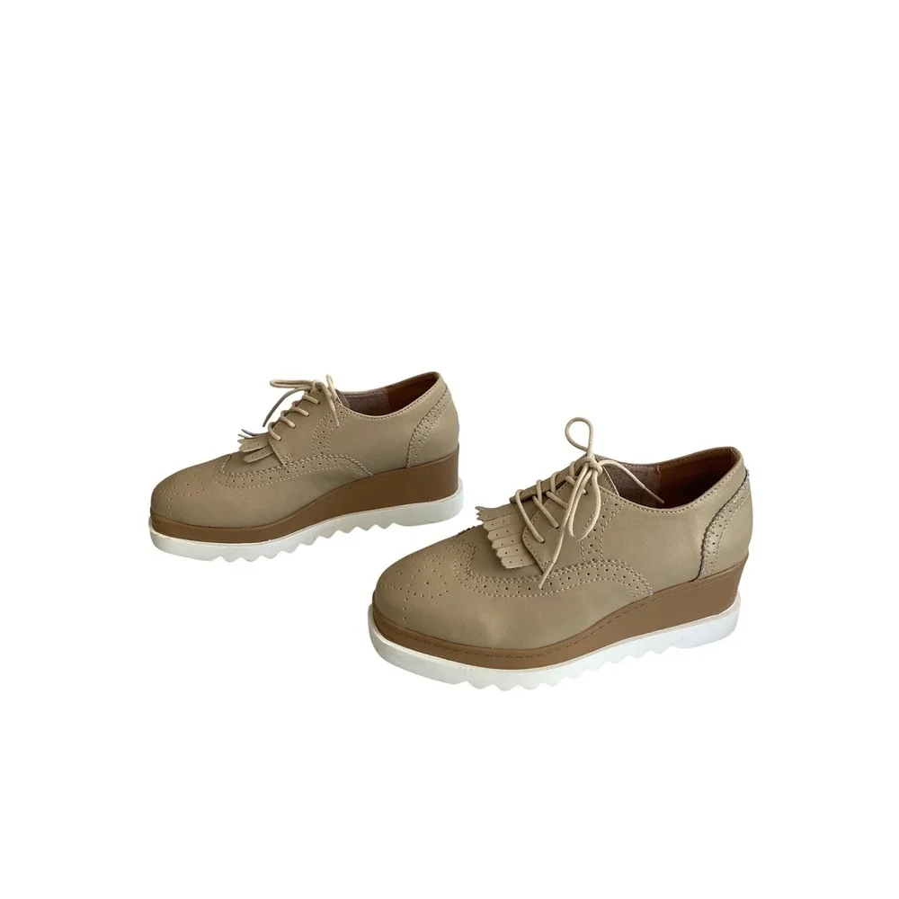 Fashion Beige Platform Brogue Oxfords Kiltie Fringe Wingtip Wedge Shoes‎ Size 9